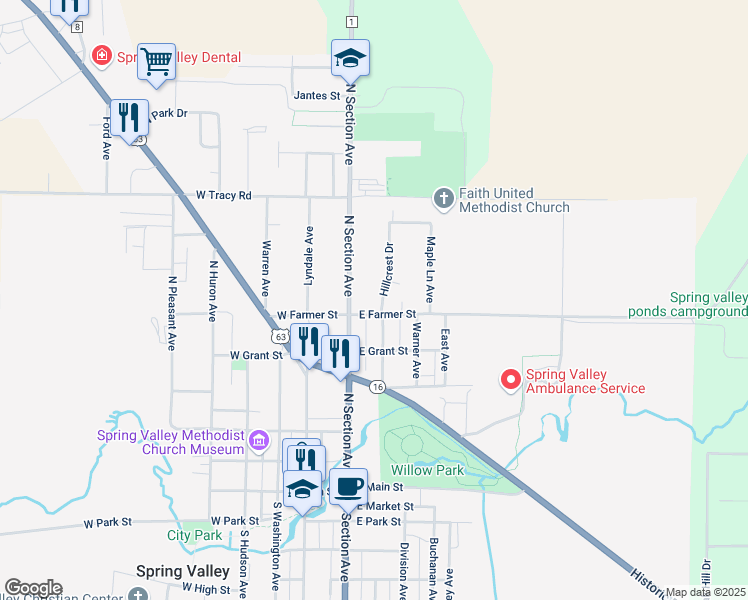 map of restaurants, bars, coffee shops, grocery stores, and more near 516 Hillcrest Drive in Spring Valley