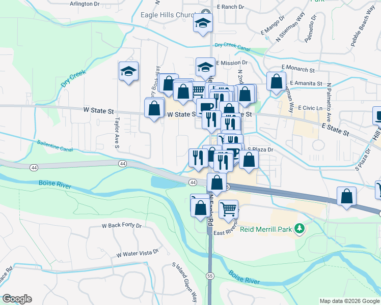 map of restaurants, bars, coffee shops, grocery stores, and more near 179 South Eagle Road in Eagle