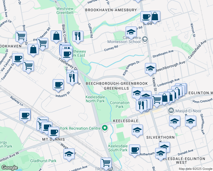 map of restaurants, bars, coffee shops, grocery stores, and more near 70 Clearview Heights in Toronto