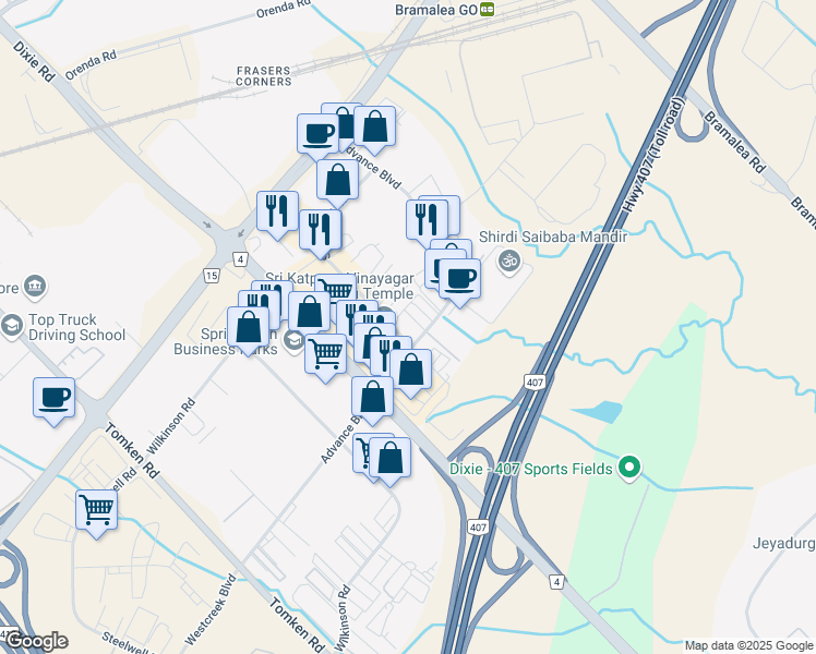 map of restaurants, bars, coffee shops, grocery stores, and more near 180 Advance Boulevard in Brampton