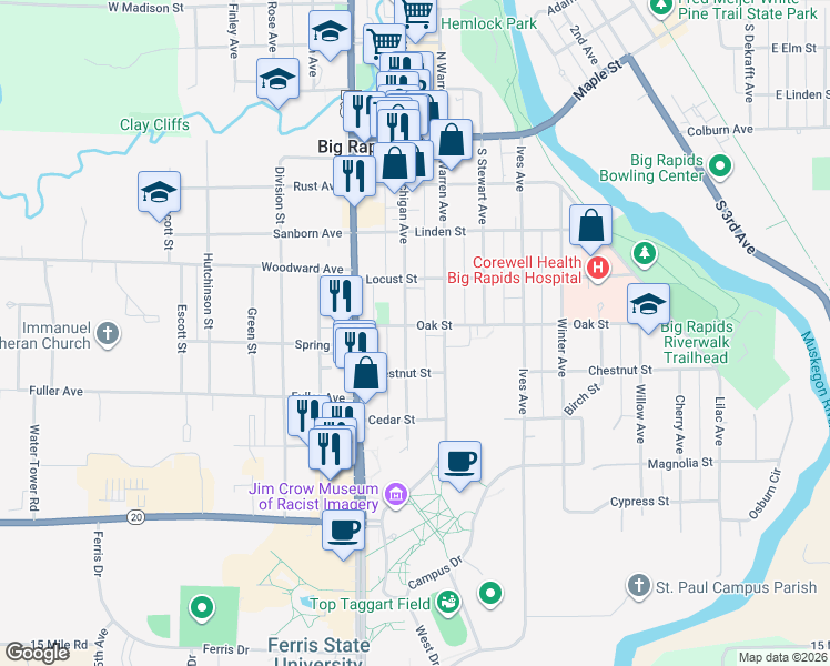 map of restaurants, bars, coffee shops, grocery stores, and more near 503 South Michigan Avenue in Big Rapids