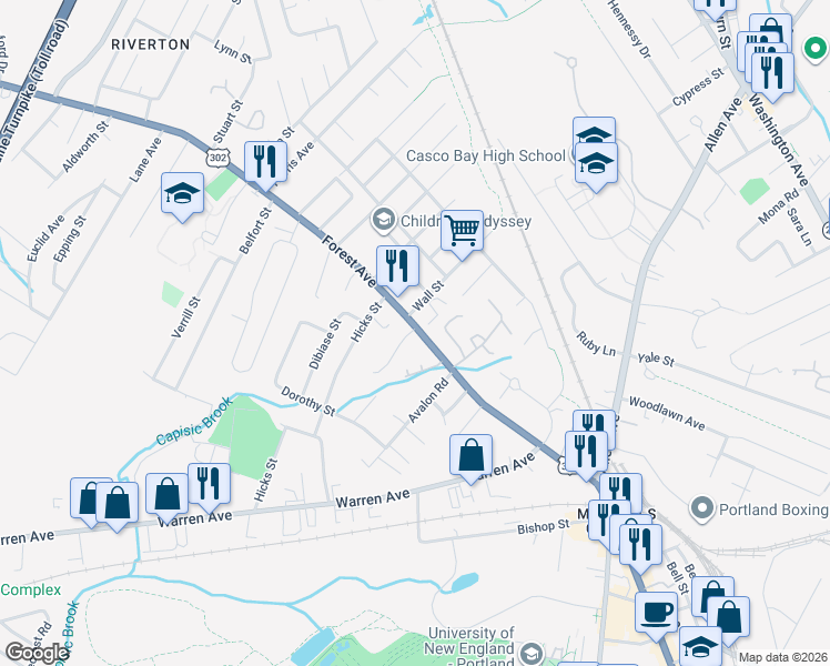map of restaurants, bars, coffee shops, grocery stores, and more near 1414 Forest Avenue in Portland