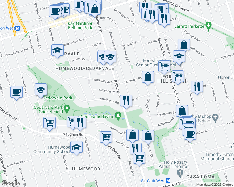map of restaurants, bars, coffee shops, grocery stores, and more near 1640 Bathurst Street in Toronto