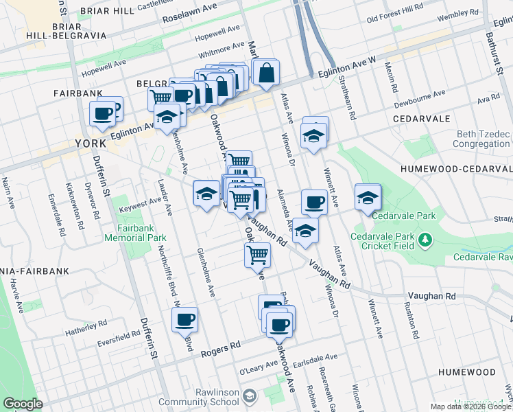 map of restaurants, bars, coffee shops, grocery stores, and more near 63 Belvidere Avenue in Toronto