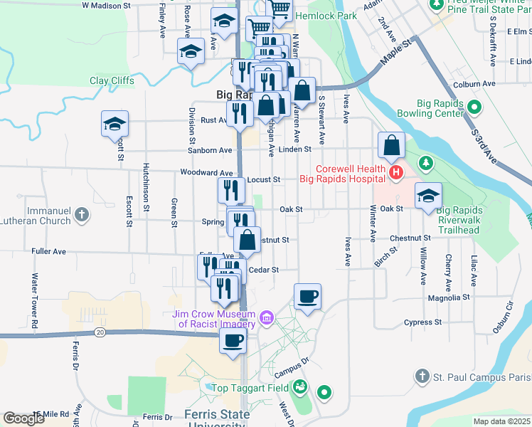 map of restaurants, bars, coffee shops, grocery stores, and more near 504 South Michigan Avenue in Big Rapids