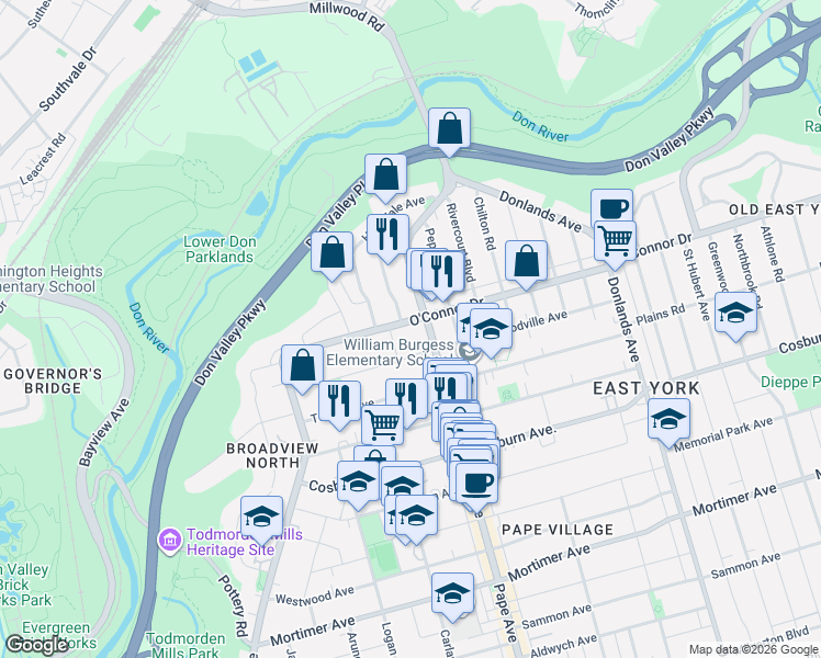 map of restaurants, bars, coffee shops, grocery stores, and more near 79 O'Connor Drive in Toronto