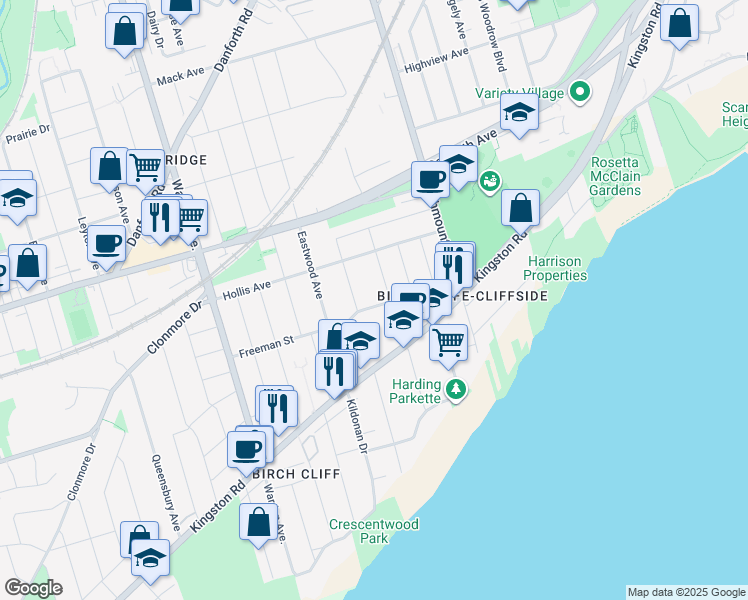 map of restaurants, bars, coffee shops, grocery stores, and more near in Toronto