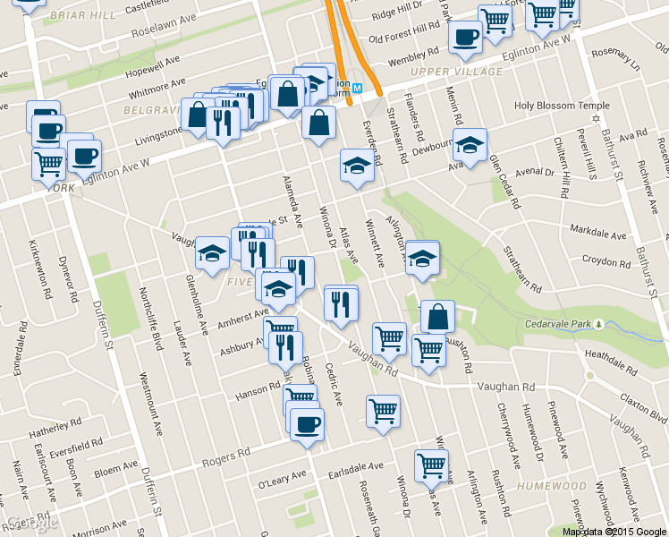 map of restaurants, bars, coffee shops, grocery stores, and more near 9 Belvidere Avenue in Toronto