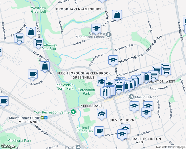 map of restaurants, bars, coffee shops, grocery stores, and more near 2 Greentree Court in Toronto