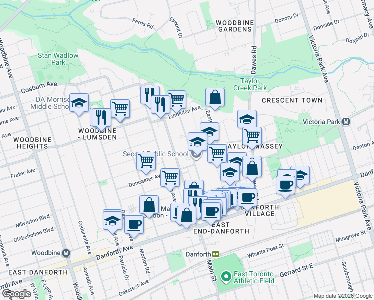 map of restaurants, bars, coffee shops, grocery stores, and more near 128 Barrington Avenue in Toronto