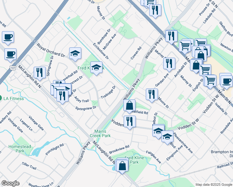 map of restaurants, bars, coffee shops, grocery stores, and more near 97 Saddletree Trail in Brampton
