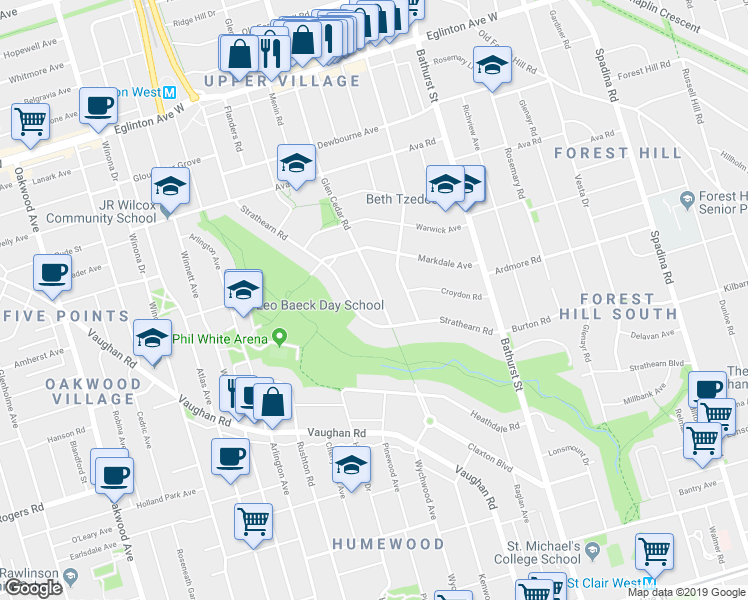 map of restaurants, bars, coffee shops, grocery stores, and more near 10 Glen Cedar Road in Toronto
