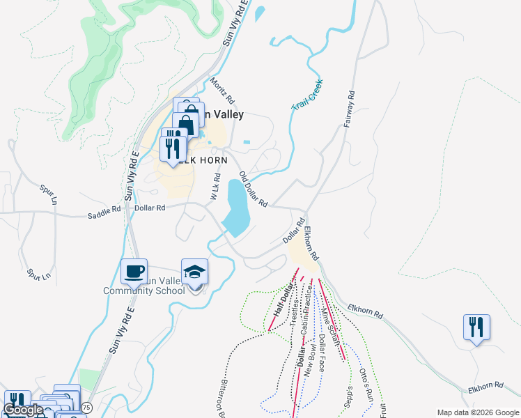map of restaurants, bars, coffee shops, grocery stores, and more near 7 Old Dollar Road in Sun Valley