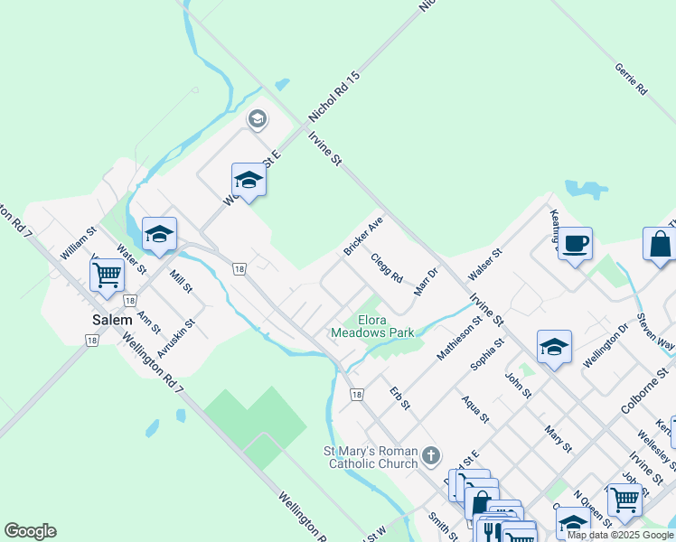 map of restaurants, bars, coffee shops, grocery stores, and more near 57 Bricker Avenue in Elora