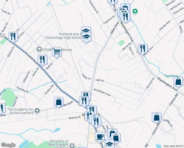 map of restaurants, bars, coffee shops, grocery stores, and more near 124 Allen Avenue in Portland
