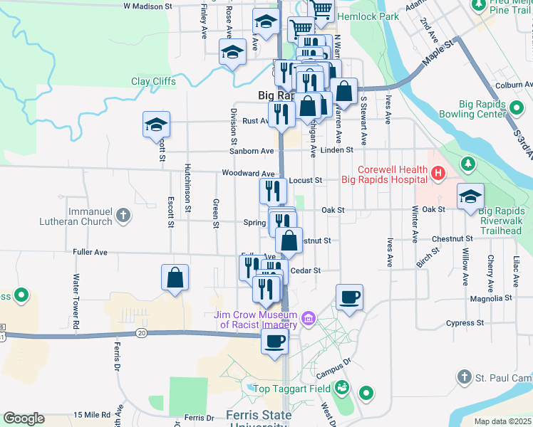 map of restaurants, bars, coffee shops, grocery stores, and more near 513 Clark Street in Big Rapids