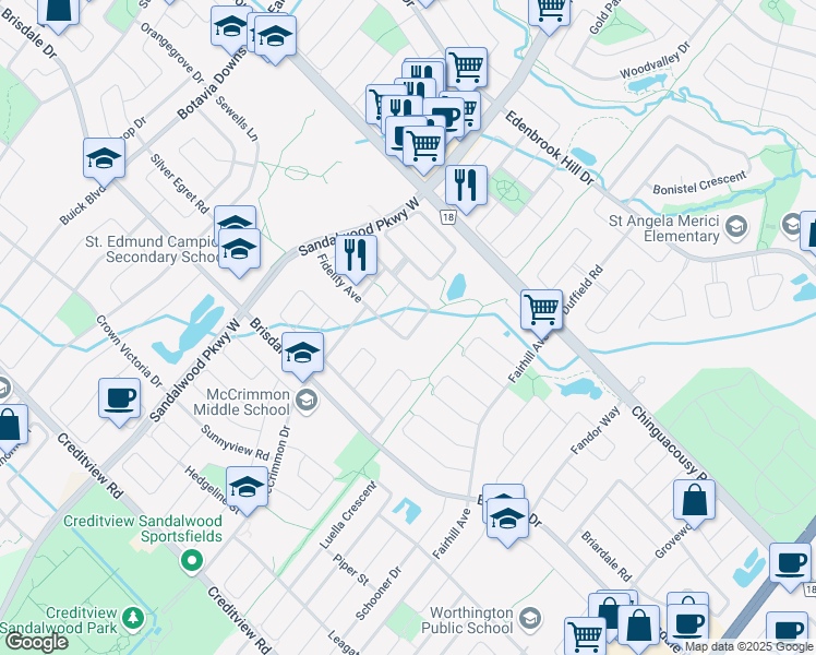 map of restaurants, bars, coffee shops, grocery stores, and more near 21 Vista Green Crescent in Brampton