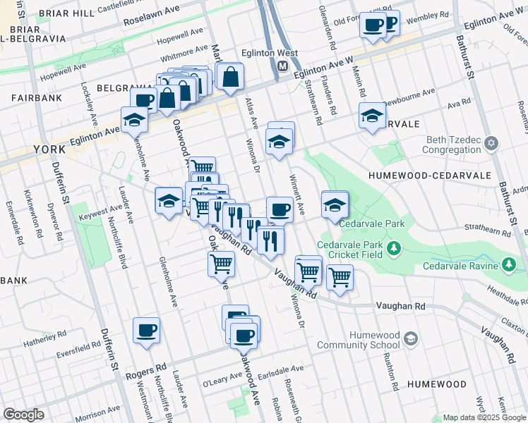 map of restaurants, bars, coffee shops, grocery stores, and more near 554 Winona Drive in Toronto