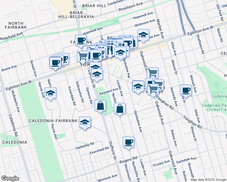 map of restaurants, bars, coffee shops, grocery stores, and more near 9 Keywest Avenue in Toronto