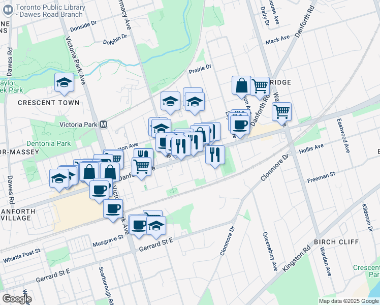 map of restaurants, bars, coffee shops, grocery stores, and more near in Toronto