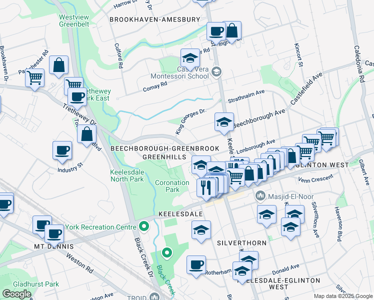 map of restaurants, bars, coffee shops, grocery stores, and more near 3 Greentree Court in Toronto