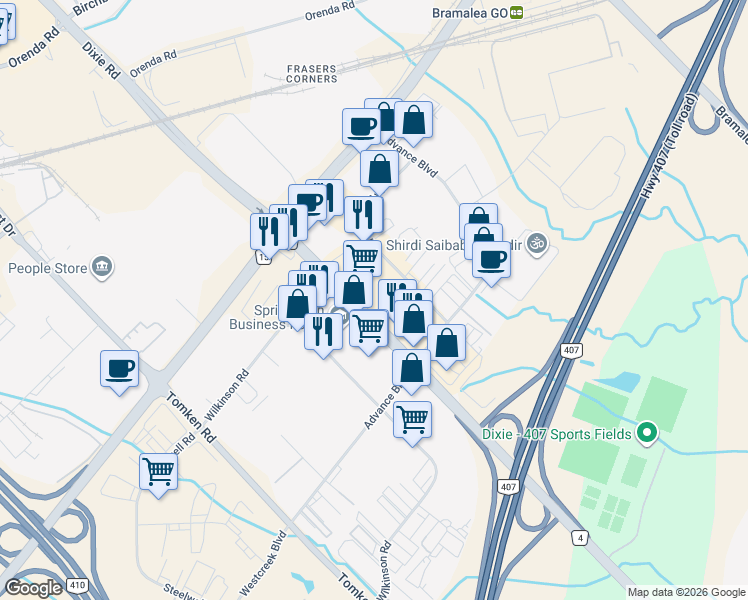 map of restaurants, bars, coffee shops, grocery stores, and more near 8 Strathearn Avenue in Brampton