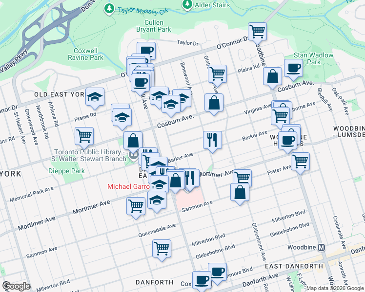 map of restaurants, bars, coffee shops, grocery stores, and more near 7 Holborne Avenue in Toronto
