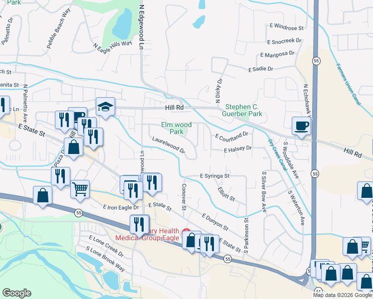 map of restaurants, bars, coffee shops, grocery stores, and more near 232 South Silverwood Way in Eagle