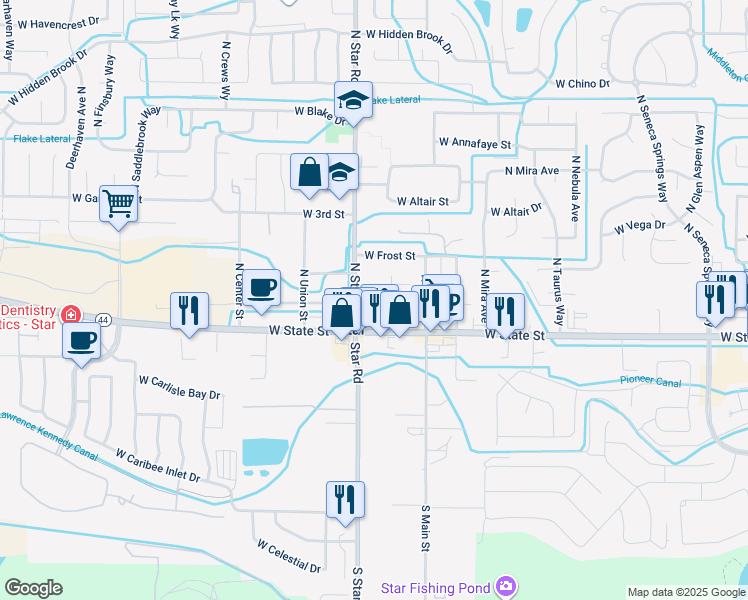 map of restaurants, bars, coffee shops, grocery stores, and more near 198 North Star Road in Star
