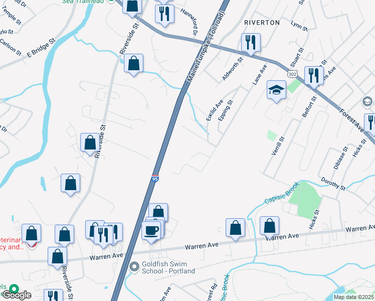 map of restaurants, bars, coffee shops, grocery stores, and more near 40 Label Avenue in Portland
