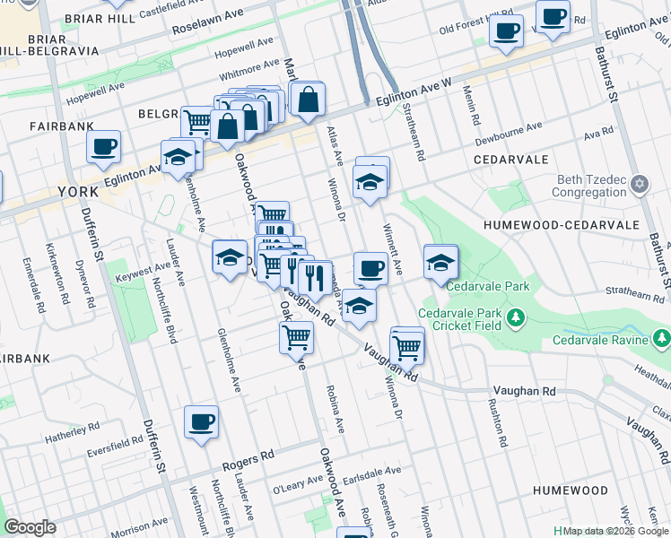 map of restaurants, bars, coffee shops, grocery stores, and more near in Toronto