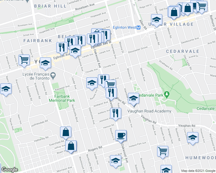 map of restaurants, bars, coffee shops, grocery stores, and more near in Toronto