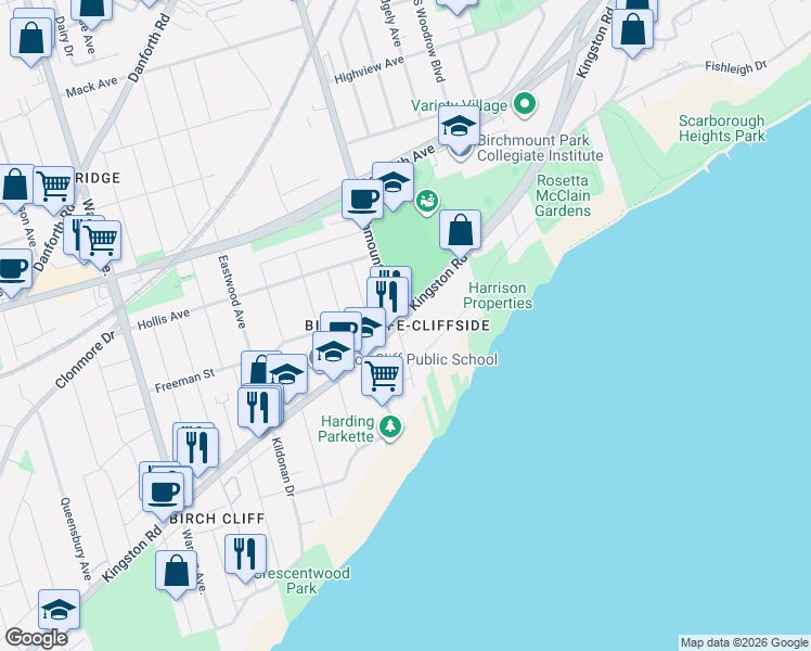 map of restaurants, bars, coffee shops, grocery stores, and more near 45 Birchmount Road in Toronto