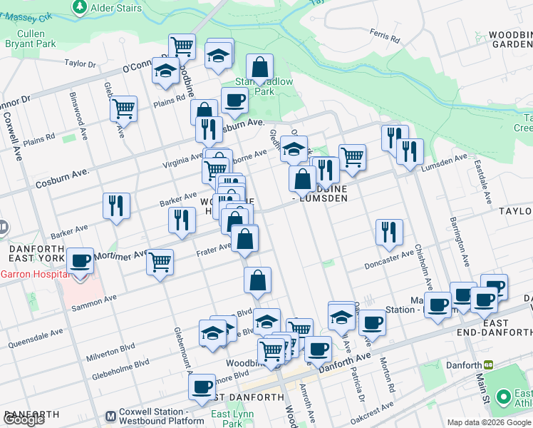 map of restaurants, bars, coffee shops, grocery stores, and more near 317 Cedarvale Avenue in Toronto