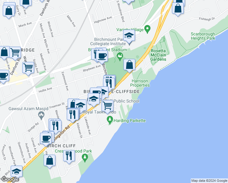 map of restaurants, bars, coffee shops, grocery stores, and more near in Toronto