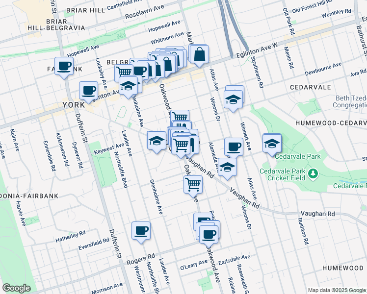 map of restaurants, bars, coffee shops, grocery stores, and more near in Toronto