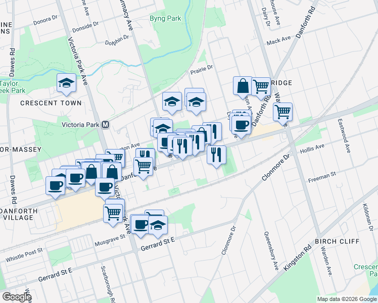 map of restaurants, bars, coffee shops, grocery stores, and more near 3250 Danforth Avenue in Toronto
