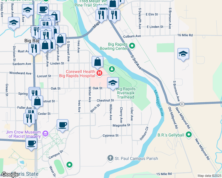 map of restaurants, bars, coffee shops, grocery stores, and more near 509 Willow Avenue in Big Rapids