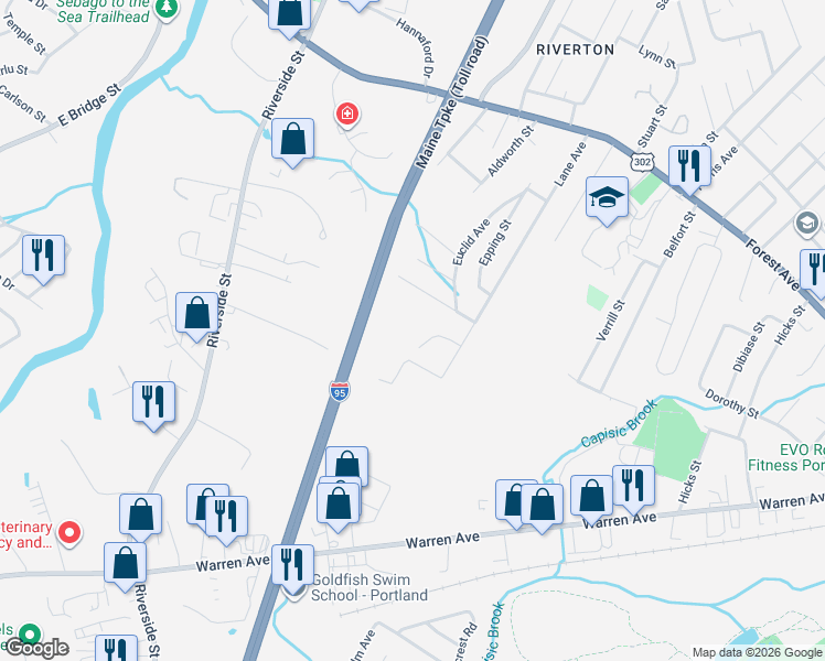 map of restaurants, bars, coffee shops, grocery stores, and more near 40 Label Avenue in Portland
