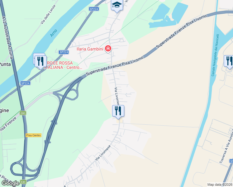map of restaurants, bars, coffee shops, grocery stores, and more near 428 Via Livornese in Pisa