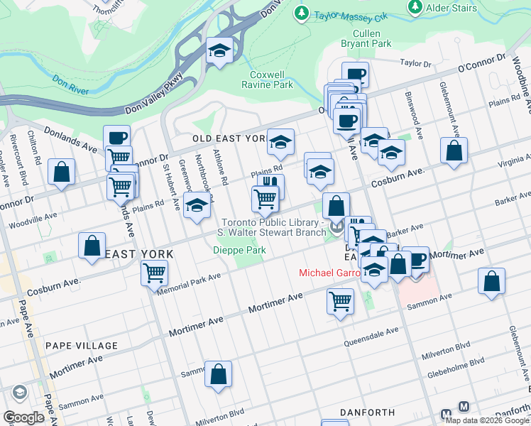 map of restaurants, bars, coffee shops, grocery stores, and more near in Toronto