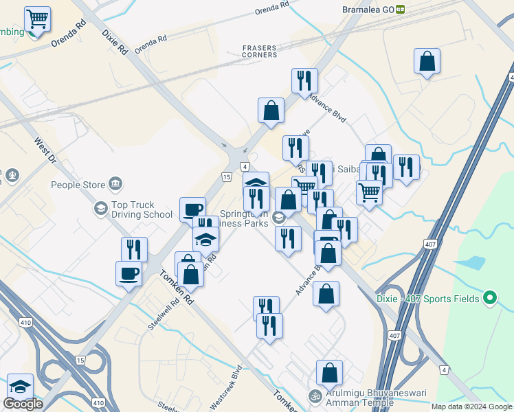 map of restaurants, bars, coffee shops, grocery stores, and more near 100 Wilkinson Road in Brampton
