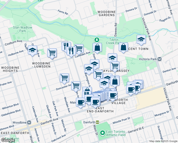 map of restaurants, bars, coffee shops, grocery stores, and more near 2 Secord Avenue in Toronto