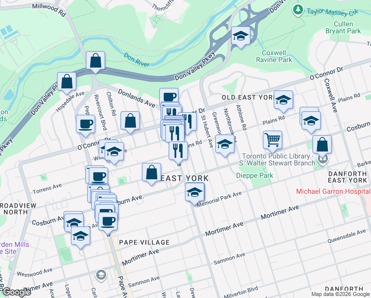map of restaurants, bars, coffee shops, grocery stores, and more near in Toronto