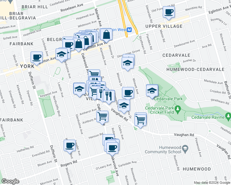 map of restaurants, bars, coffee shops, grocery stores, and more near 53 Alameda Avenue in Toronto