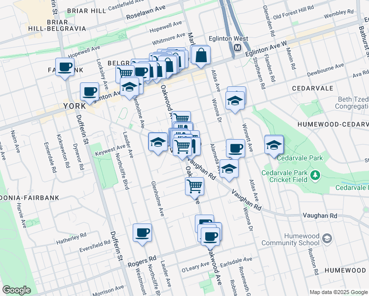 map of restaurants, bars, coffee shops, grocery stores, and more near in Toronto