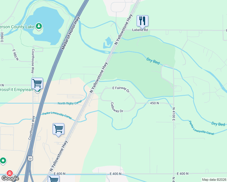 map of restaurants, bars, coffee shops, grocery stores, and more near 4028 Fairway Drive in Rigby