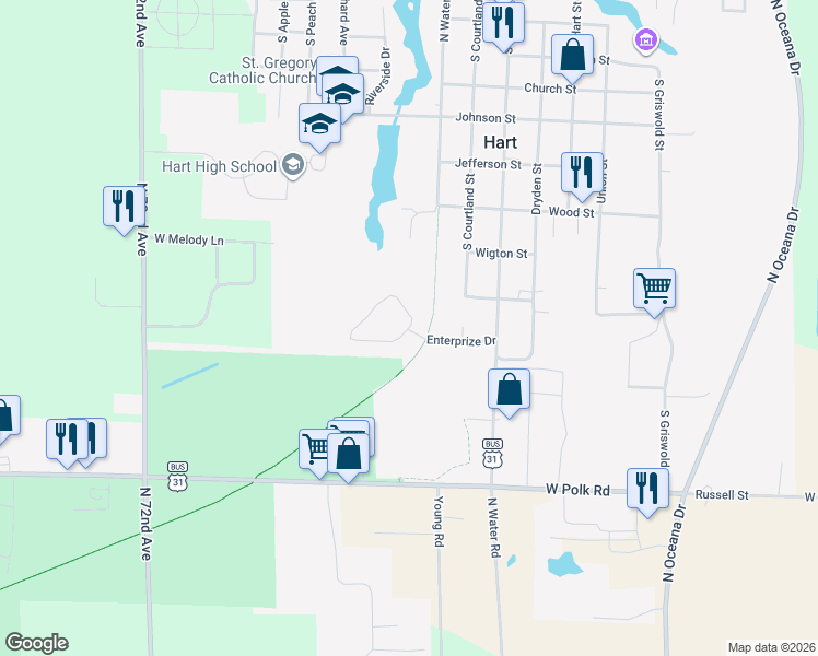 map of restaurants, bars, coffee shops, grocery stores, and more near 111 Enterprize Drive in Hart
