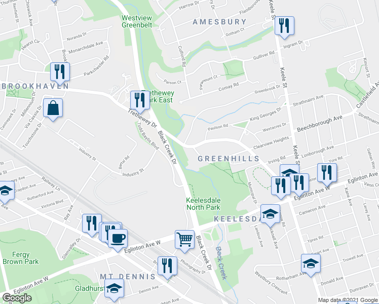 map of restaurants, bars, coffee shops, grocery stores, and more near 102 Trethewey Drive in Toronto