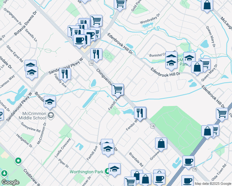 map of restaurants, bars, coffee shops, grocery stores, and more near 9 Corvette Court in Brampton